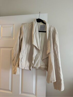 Draped Open-Front Linen Blend Jacket in Natural Cream